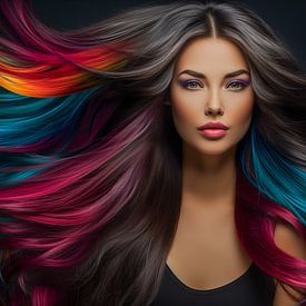 junge und schöne Frau mit langen Regenbogenfarben und schwarzem Haar-Kunstdesign von Animaflora PicsStock