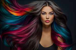 junge und schöne Frau mit langen Regenbogenfarben und schwarzem Haar-Kunstdesign
