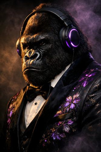 Gorille en costume avec un casque audio fluo – Art musical