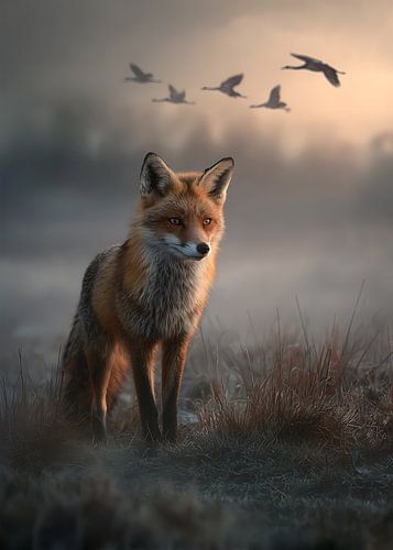 Fox & cranes in the morning mist by HyggeHavn