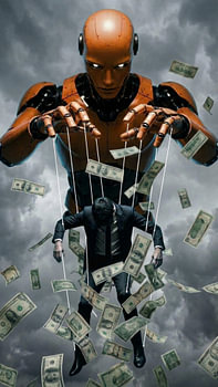 Robot Controlling Human Puppet with Money Strings