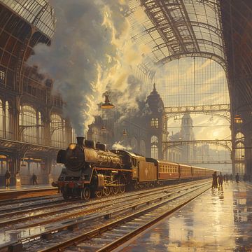 Station with steam train by Kees van den Burg