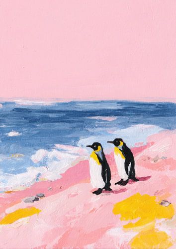 Minimalistisch pinguïnstrand in roze & geel