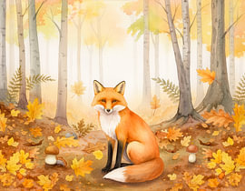 Un renard roux au milieu des feuilles dorées de l'automne dans une forêt brumeuse – Aquarelle représentant un animal sauvage