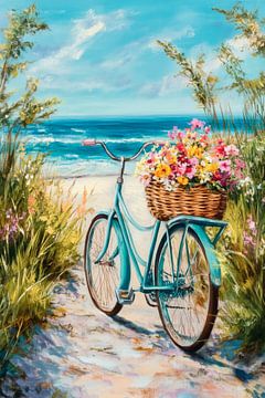 Fiets op het strand met bloemenmand van Poster Art Shop