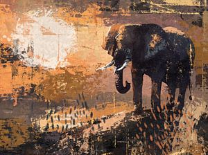 Big 5 - Elefant im groben Zeichenstil - Sonnenuntergang in Orange, Taupe und Schwarz