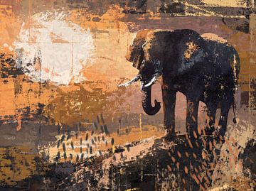 Big 5 - olifant in ruwe tekenstijl - zonsondergang in oranje taupe en zwart van Emiel de Lange