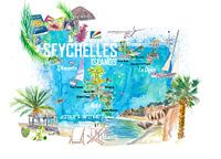 Seychelles Islands Illustrated Travel Map with Tourist Highlights