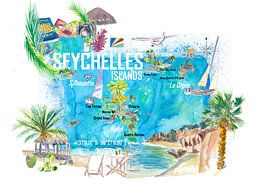 Seychelles Islands Illustrated Travel Map with Tourist Highlights by Markus Bleichner