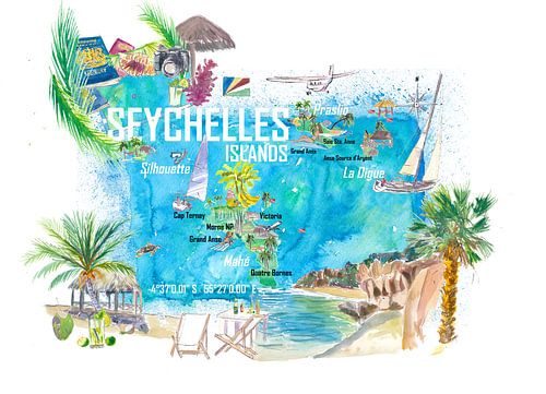 Iles Seychelles Carte de voyage illustrée avec les points forts touristiques