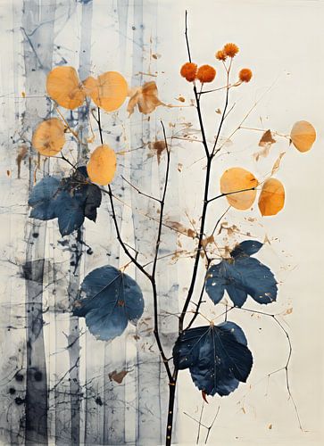 Herfst - donker blauw  en oranje bladeren - berkenbos achtergrond