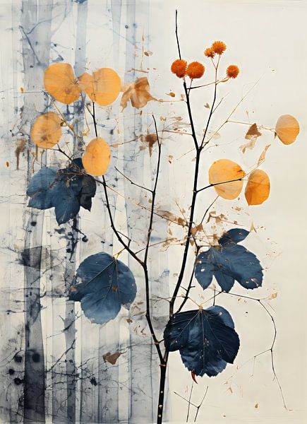 Autumn - dark blue and orange leaves - birch forest background by Dunto Venaar