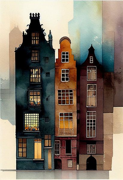 Amsterdamer Grachtenhäuser mit Aquarell von Maarten Knops