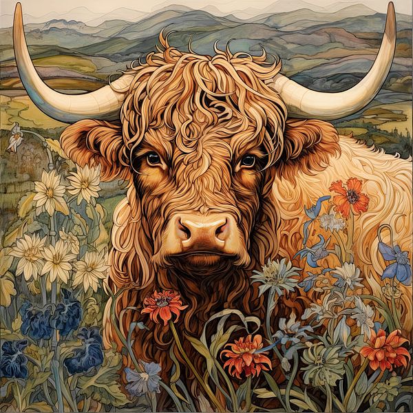 Scottish highlander portrait with flowers by Vlindertuin-Art