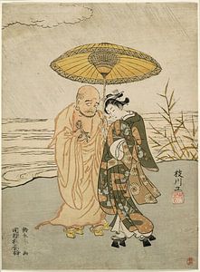 Suzuki Harunobu  - Daruma and a young woman in the rain