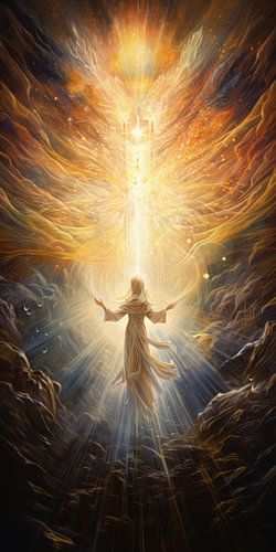 A female angel floats in light