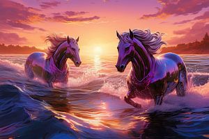 chevaux surréalistes dans l'eau au coucher du soleil