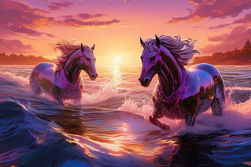 surrealistische paarden in het water bij zonsondergang