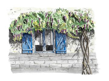 Illustration typical romantic French window with wisteria and blue shutters by Ivonne Wierink