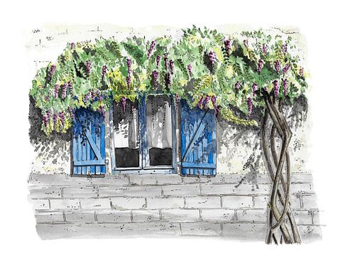 Romantisch Frans raam in aquarel en inkt