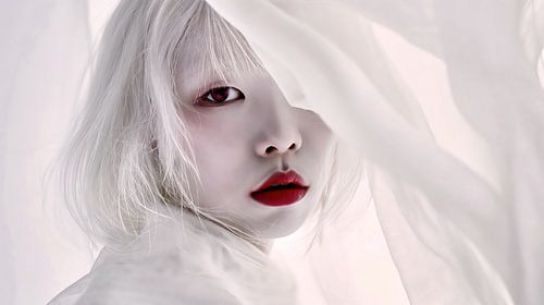 Modèle albinos avec rouge à lèvres rouge derrière un tissu blanc