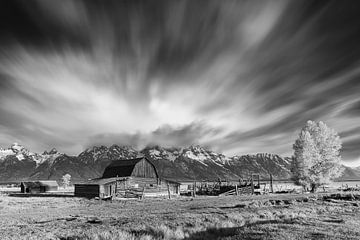 Mormon Row Barn in Schwarz-Weiß, Wyoming