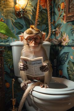 Funny monkey reads newspaper on the toilet by Felix Brönnimann