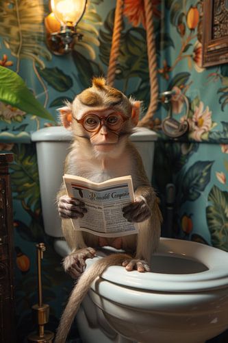 Funny monkey reads newspaper on the toilet