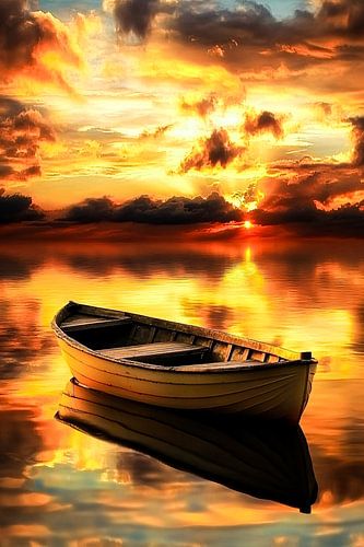 Reflet d'un bateau et coucher de soleil