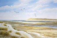View of De Slufter nature reserve on Texel - dune landscape watercolour - Hans Sturris