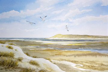 Duinlandschap aquarel met zicht op natuurgebied De Slufter op Texel van Galerie Ringoot
