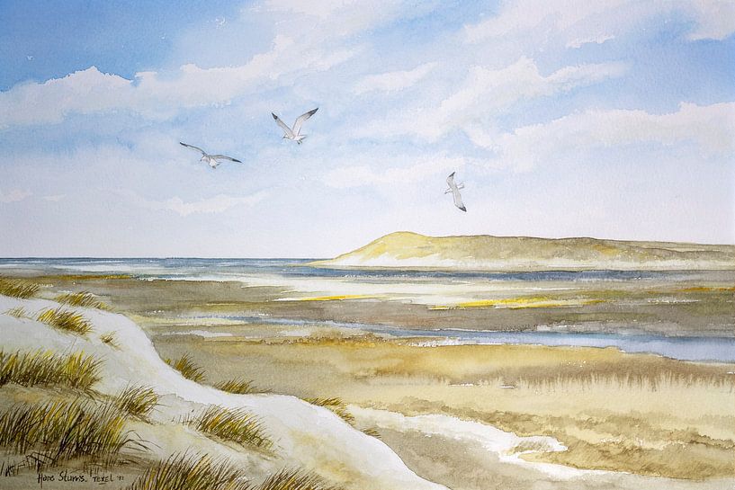 Blick auf das Naturschutzgebiet De Slufter auf Texel - Aquarell einer Dünenlandschaft - Hans Sturris von Galerie Ringoot