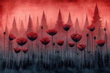 Surrealistische bloemen in minimalistisch bos van Art & Soul Creations