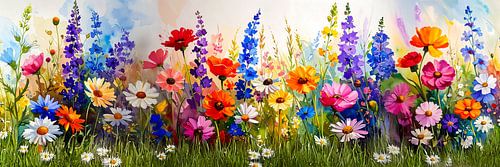 Panorama schilderij van een zomers bloemenveld van Studio Pieternel