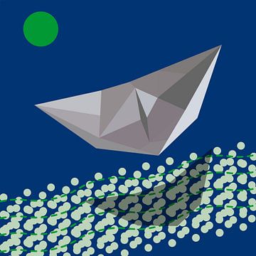 Paper boat and the green Moon. Modern abstract geometric landscape in blue and green. by Dina Dankers