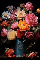 Bloemen in Blauwe Vaas op Zwarte Achtergrond