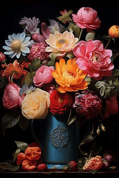 Bloemen in Blauwe Vaas op Zwarte Achtergrond van Evan's Art