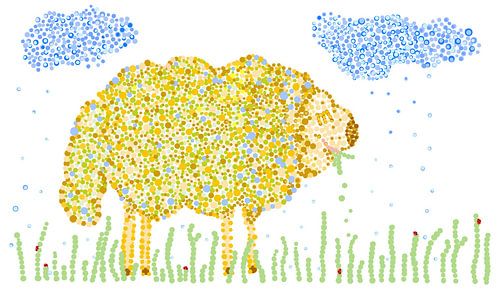 Pointillisme kunstwerk EEN SCHAAP, LIEVEHEERSBEESTJES, GRASSPRIETEN EN EEN REGENBUI. Een kleurrijk werk in blauw, groen en geel tinten