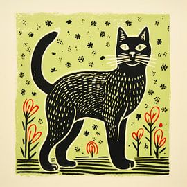 Whimsy Folk Cat in Green Garden