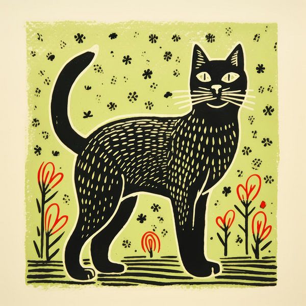 Grüne Katze in der Volkskunst von Aloke Design