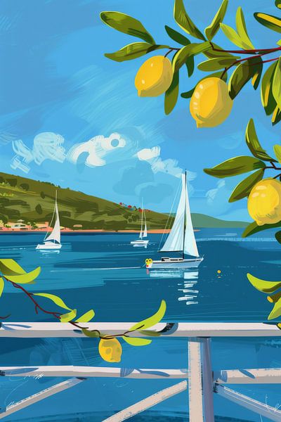 Zitronen und Segelboote am Meer von Poster Art Shop