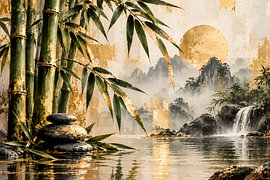 Bambous zen avec cascade & t soleil doré | Paysage asiatique avec pierres zen | Affiche au format paysage