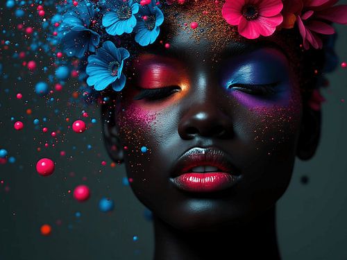 Donker model met bloemen en surrealistische kleuren