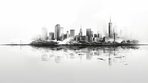 Monochrome städtische Skyline mit Reflexionen, Design im Tinten-auf-Papier-Stil