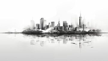 Skyline urbain monochrome avec reflets, design de style encre sur papier sur Animaflora PicsStock
