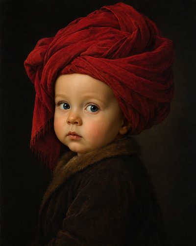 Baby met Rode Tulband - Jan van Eyck van Peter Pen tekeningen en schilderijen