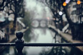 Raindrops on the railing of the Weesbrug in Utrecht ovder the Oudegracht canal