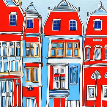 Häuser rot blau von Lily van Riemsdijk - Art Prints with Color