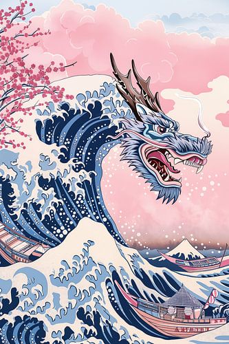Japanse kersenbloesem tsunami draak | blokdruk