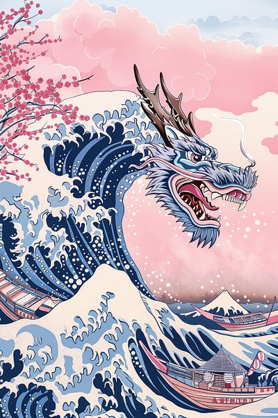 Japanse kersenbloesem tsunami draak | blokdruk van Frank Daske | Foto & Design